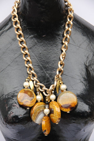Madelaine (#304) Chunky Gold, Mustard Yellow Agate with Crystal and Pearl